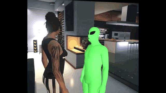 a green alien standing next to a woman in a video game