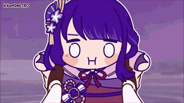 a cartoon drawing of a girl with purple hair and a flower in her hair says kkomdastro