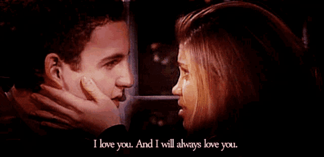 a man and a woman looking into each other 's eyes with the words i love you and i will always love you below them