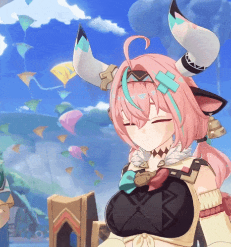 a cartoon character with pink hair and horns is smiling with her eyes closed