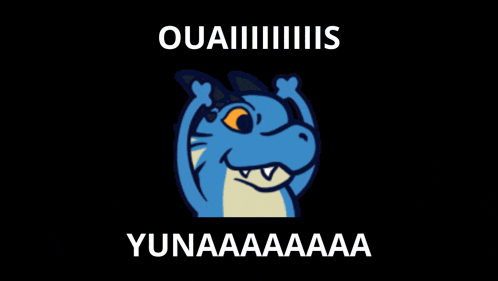 a cartoon of a dragon with the words ouaiiiis yunaaaaaa written below it