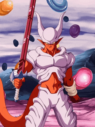 a cartoon character with horns and a sword in his hand