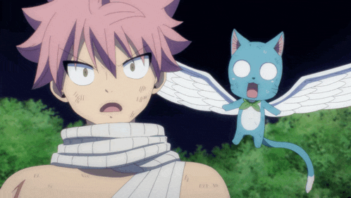 a boy with a scarf around his neck is standing next to a happy cat with wings