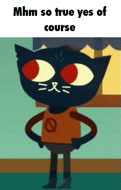 a cartoon cat with big red eyes is standing with his hands on his hips and the caption mhm so true yes of course