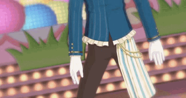 a cartoon character is walking on a stage wearing a blue jacket and white gloves .