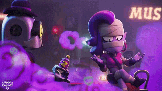 a couple of cartoon characters standing next to a sign that says muse