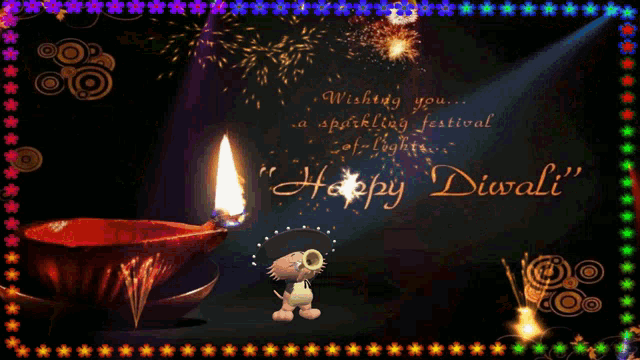 a happy diwali card with fireworks and a cartoon character