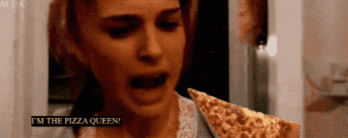 a woman is holding a slice of pizza and saying i 'm the pizza queen .