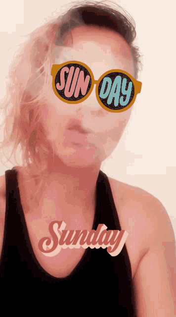 a woman wearing sunglasses that say sunday