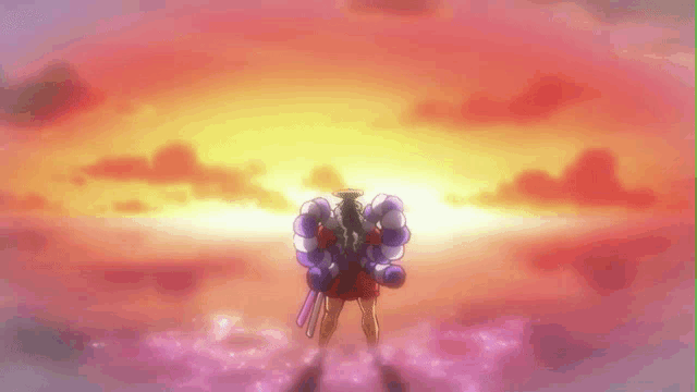 a person standing in front of a sunset with a sword
