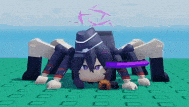 a cartoon character is crawling on a green surface with a sword in her hand .
