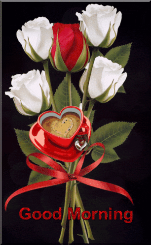 a bouquet of white roses with a heart shaped cup of coffee and the words good morning