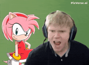 a man wearing headphones with amy the hedgehog behind him
