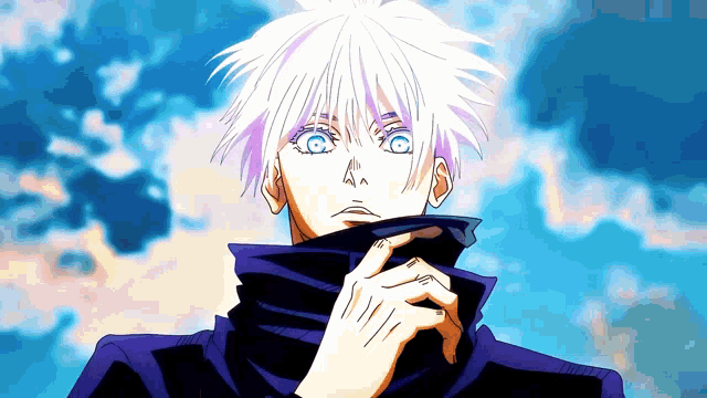 a man with white hair and blue eyes is looking up