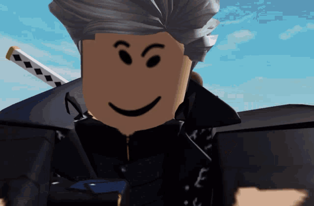 a cartoon character with gray hair and a black jacket is smiling and holding a sword
