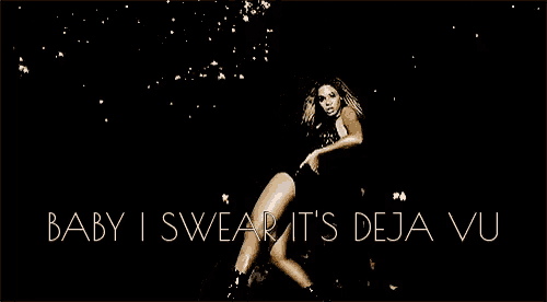 a woman in a black dress is dancing with the words baby i swear it 's deja vu behind her