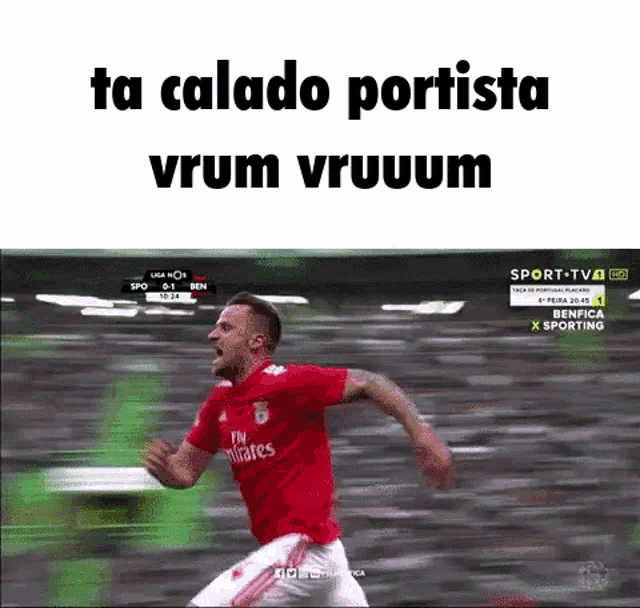 a soccer player in a red fly emirates shirt is running on the field .