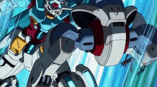 a robot with a red eye is flying through the air with a blue background