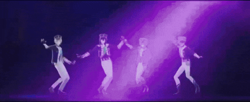 a group of people are dancing in front of a purple background