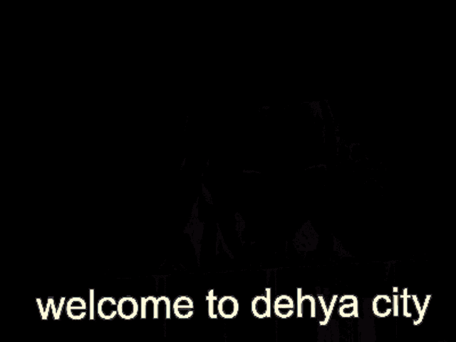 a welcome to dehya city sign with a picture of a city in the background