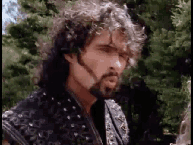 a man with curly hair and a beard is standing in front of a forest .