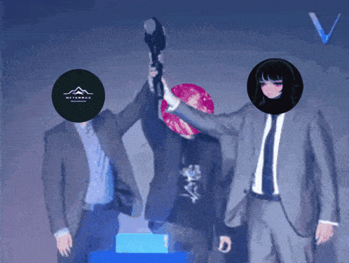 a man in a suit holds a trophy in front of a woman with a circle that says artspace on it