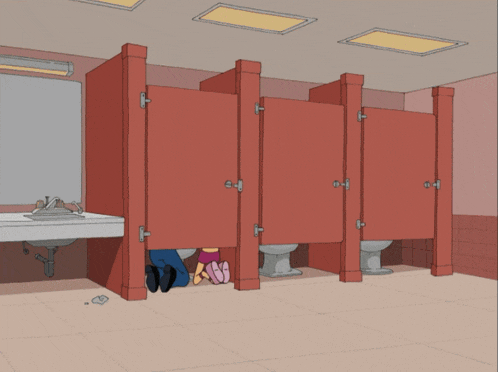 a cartoon of a man and a woman in a bathroom looking at a toilet