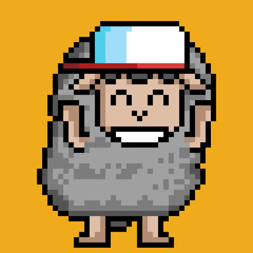 a pixel art of a sheep wearing a hat and smiling