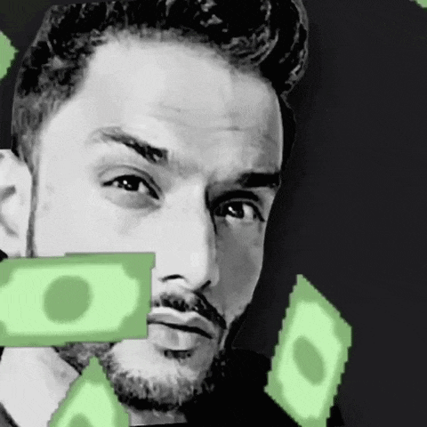 a man with a beard is holding a dollar bill in front of his mouth