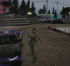 a man in a military uniform is walking down a dirt road next to a car