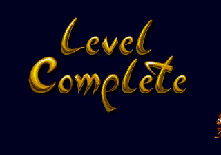 a video game screen says level complete with a monkey and a man running