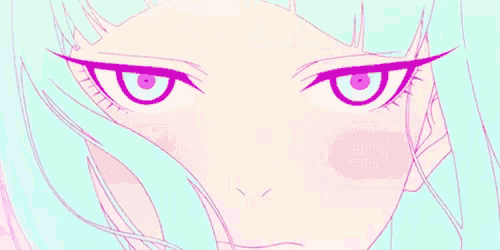 a close up of a girl 's eyes with a purple eye and a pink eyebrow .