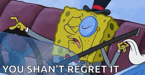 spongebob wearing a top hat and glasses is driving a car and holding a cane .