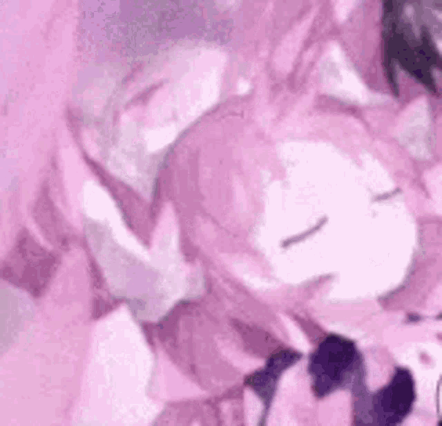 a close up of a purple anime girl sleeping on a pink blanket .