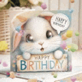 a happy birthday card with a rabbit on it .