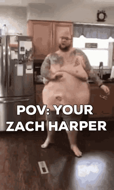 a man with a large belly is standing in a kitchen with the words pov your zach harper on the bottom