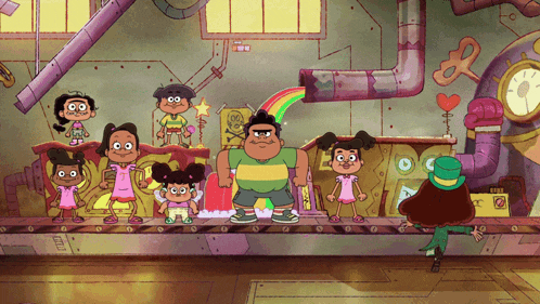 a group of cartoon characters standing on a conveyor belt with a rainbow in their hair