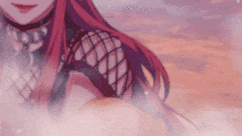 a close up of a red haired anime girl wearing a choker .