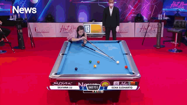 a pool table with the number 13 on the side