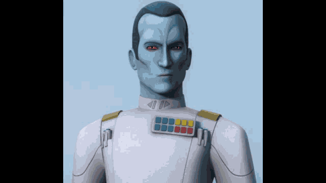 a man with blue hair and red eyes is wearing a white uniform with buttons on it