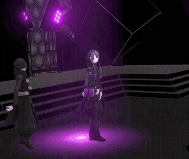 a couple of anime characters are standing on a stage with purple lights behind them .