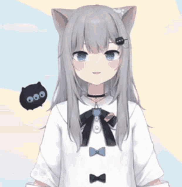 a girl with cat ears is wearing a white shirt and a black tie .