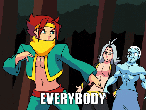 a group of cartoon characters standing next to each other with the word everybody in the corner