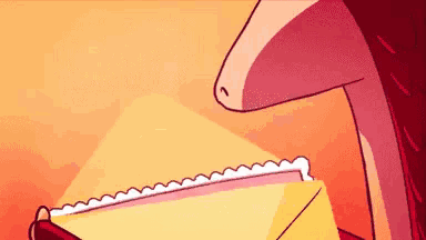 a cartoon of a dinosaur holding an envelope in its mouth .