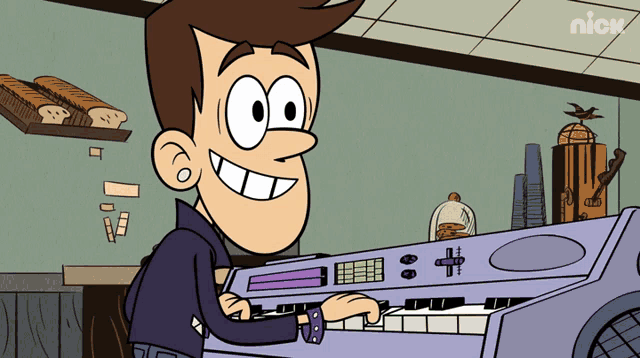 a cartoon of a man playing a keyboard with the nick logo on the bottom