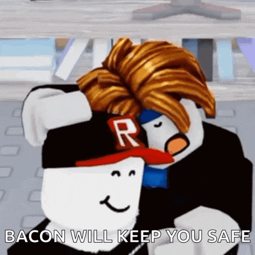 a roblox character is hugging another roblox character with the words `` bacon will keep you safe '' .