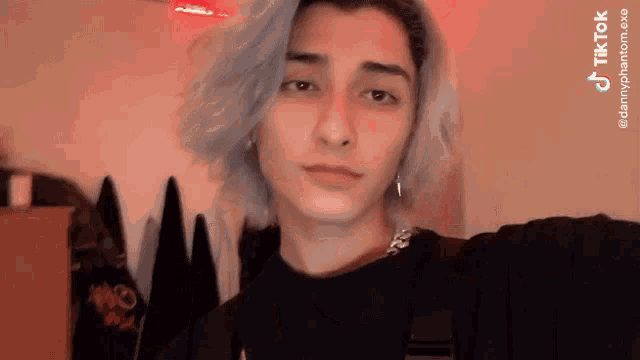 a young man with gray hair and earrings is taking a selfie in a room .