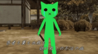 a green cartoon character is holding a knife and has a cross on his face