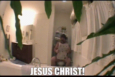 a man sitting on a toilet with the words jesus christ written above him