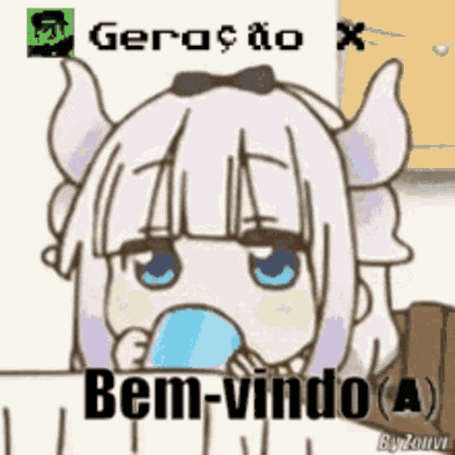 a cartoon of a girl with horns eating a blue ice cream cone .